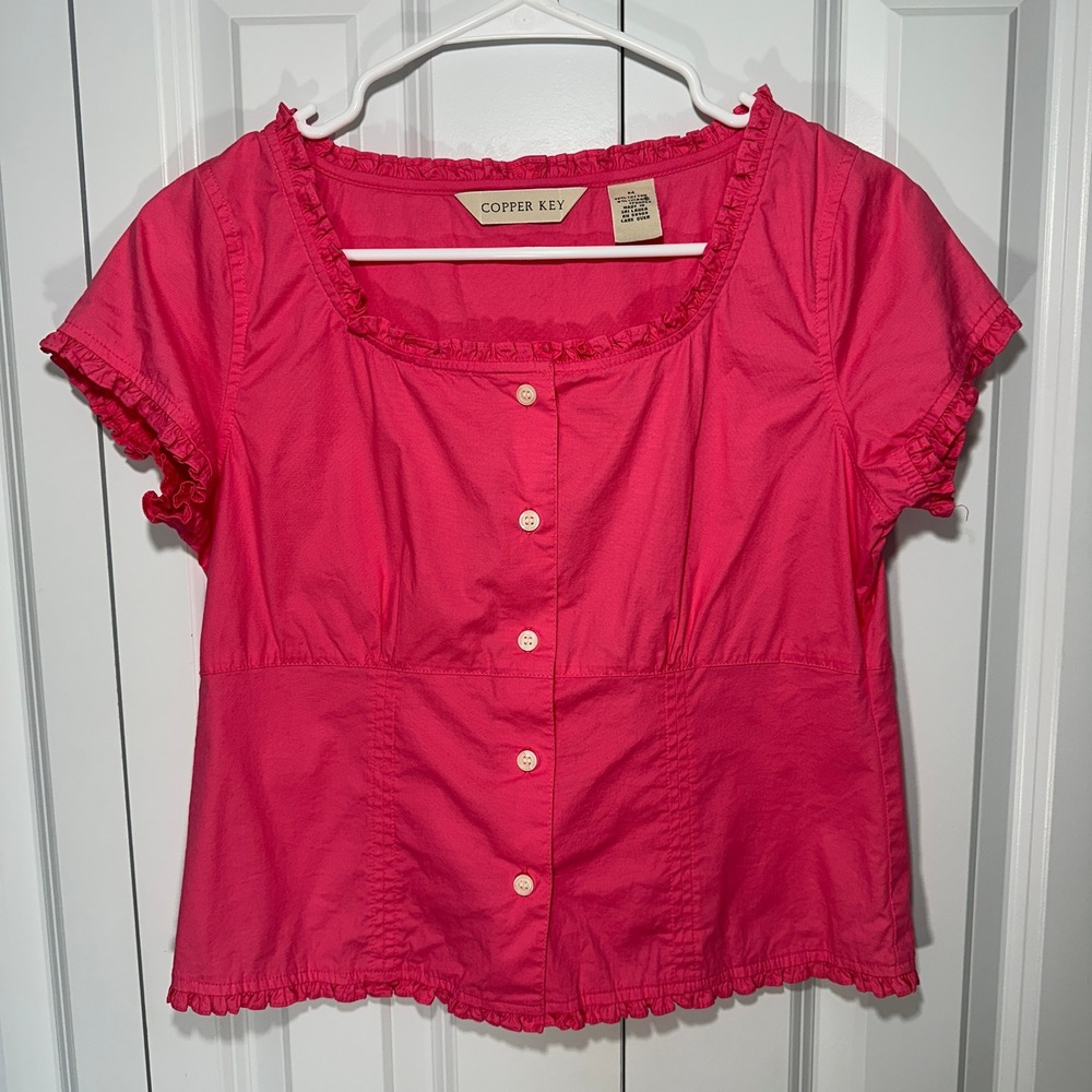 Copper Key Y2K Pink Ruffle Top Button Front Square Neck Cottagecore Romantic M